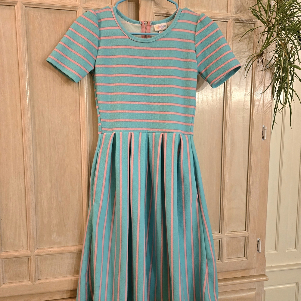 LuLaRoe Women's Dress - Teal and Pink Stripes, Classic Style Small